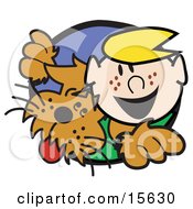 Happy Blond Haired Freckle Faced Boy Peering Through A Hole With His Brown Dog Clipart Illustration
