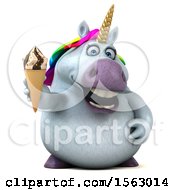 Clipart Of A 3d Chubby Unicorn Holding A Waffle Cone On A White Background Royalty Free Illustration