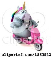 Clipart Of A 3d Chubby Unicorn Riding A Scooter On A White Background Royalty Free Illustration
