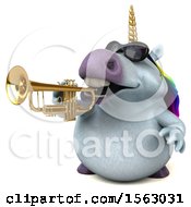 Clipart Of A 3d Chubby Unicorn Playing A Trumpet On A White Background Royalty Free Illustration