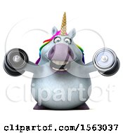Clipart Of A 3d Chubby Unicorn Working Out With Dumbbells On A White Background Royalty Free Illustration