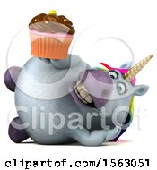Clipart Of A 3d Chubby Unicorn Holding A Cupcake On A White Background Royalty Free Illustration