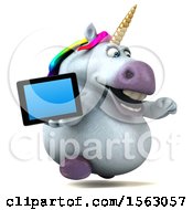 Clipart Of A 3d Chubby Unicorn Holding A Tablet On A White Background Royalty Free Illustration