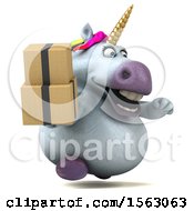 Clipart Of A 3d Chubby Unicorn Holding Boxes On A White Background Royalty Free Illustration