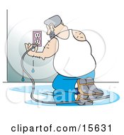 Foolish Man Kneeling In A Puddle Of Water And Plugging An Appliance Into An Electrical Wall Socket Clipart Illustration