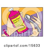 Womans Hands Holding A Bottle Of Cough Syrup And A Spoon With The Directions Visible Clipart Illustration