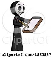 Black Little Anarchist Hacker Man Using Clipboard And Pencil