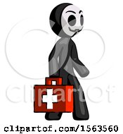 Black Little Anarchist Hacker Man Walking With Medical Aid Briefcase To Right
