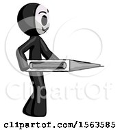 Black Little Anarchist Hacker Man Walking With Large Thermometer