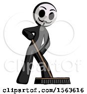 Poster, Art Print Of Black Little Anarchist Hacker Man Cleaning Services Janitor Sweeping Floor With Push Broom
