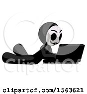 Poster, Art Print Of Black Little Anarchist Hacker Man Using Laptop Computer While Lying On Floor Side Angled View