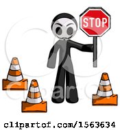 Poster, Art Print Of Black Little Anarchist Hacker Man Holding Stop Sign By Traffic Cones Under Construction Concept
