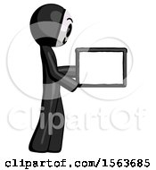 Poster, Art Print Of Black Little Anarchist Hacker Man Show Tablet Device Computer To Viewer Blank Area