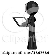 Poster, Art Print Of Black Little Anarchist Hacker Man Looking At Tablet Device Computer With Back To Viewer