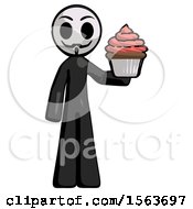 Black Little Anarchist Hacker Man Presenting Pink Cupcake To Viewer