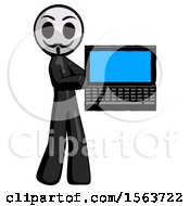 Poster, Art Print Of Black Little Anarchist Hacker Man Holding Laptop Computer Presenting Something On Screen