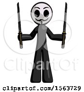 Poster, Art Print Of Black Little Anarchist Hacker Man Posing With Two Ninja Sword Katanas Up