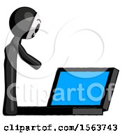 Poster, Art Print Of Black Little Anarchist Hacker Man Using Large Laptop Computer Side Orthographic View