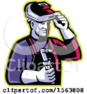 Poster, Art Print Of Retro Male Welder Lifting His Visor And Holding A Torch