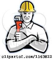 Clipart Of A Retro Plumber Or Pipefitter Holding A Monkey Wrench Royalty Free Vector Illustration