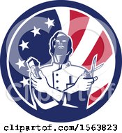 Clipart Of A Retro Woodcut Barber Holding Scissors And Clippers In An American Flag Circle Royalty Free Vector Illustration