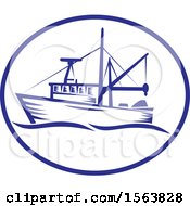 Clipart Of A Retro Fishing Boat With Waves In An Oval Royalty Free Vector Illustration