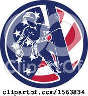 Clipart Of A Retro Power Lineman On A Pole In An American Flag Circle Royalty Free Vector Illustration