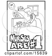 Coloring Book Page Of A Friendly Female Nurse Bending Over A Sick Girl In A Hospital Bed Handing Her A Balloon Clipart Illustration by Andy Nortnik