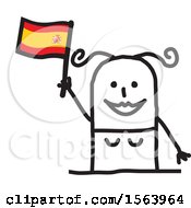 Clipart Of A Happy Stick Spanish Woman Holding A Flag Royalty Free Vector Illustration
