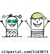 Clipart Of A Happy Summer Time Stick Couple Royalty Free Vector Illustration