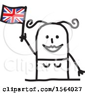 Clipart Of A Happy Stick British Woman Holding A Flag Royalty Free Vector Illustration