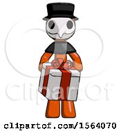 Poster, Art Print Of Orange Plague Doctor Man Gifting Present With Large Bow Front View