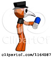 Poster, Art Print Of Orange Plague Doctor Man Holding Blue Pill Walking To Right