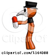 Orange Plague Doctor Man Holding Red Pill Walking To Left