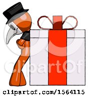 Poster, Art Print Of Orange Plague Doctor Man Gift Concept - Leaning Against Large Present