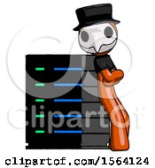 Poster, Art Print Of Orange Plague Doctor Man Resting Against Server Rack Viewed At Angle