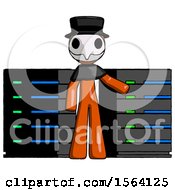 Poster, Art Print Of Orange Plague Doctor Man With Server Racks In Front Of Two Networked Systems