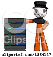 Poster, Art Print Of Orange Plague Doctor Man With Server Rack Leaning Confidently Against It