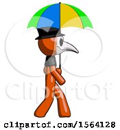 Poster, Art Print Of Orange Plague Doctor Man Walking With Colored Umbrella