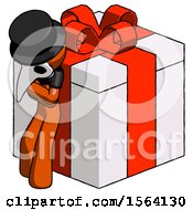 Poster, Art Print Of Orange Plague Doctor Man Leaning On Gift With Red Bow Angle View