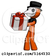 Poster, Art Print Of Orange Plague Doctor Man Presenting A Present With Large Red Bow On It