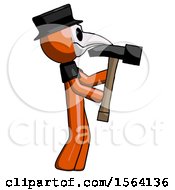 Poster, Art Print Of Orange Plague Doctor Man Hammering Something On The Right