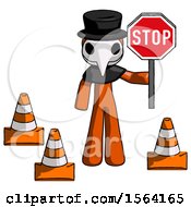 Poster, Art Print Of Orange Plague Doctor Man Holding Stop Sign By Traffic Cones Under Construction Concept