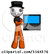 Poster, Art Print Of Orange Plague Doctor Man Holding Laptop Computer Presenting Something On Screen