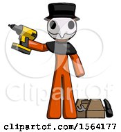 Poster, Art Print Of Orange Plague Doctor Man Holding Drill Ready To Work Toolchest And Tools To Right