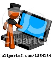 Poster, Art Print Of Orange Plague Doctor Man Using Large Laptop Computer