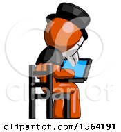 Poster, Art Print Of Orange Plague Doctor Man Using Laptop Computer While Sitting In Chair View From Back