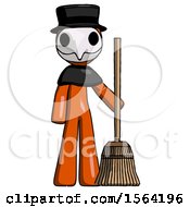 Poster, Art Print Of Orange Plague Doctor Man Standing With Broom Cleaning Services