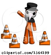 Poster, Art Print Of Orange Plague Doctor Man Standing By Traffic Cones Waving