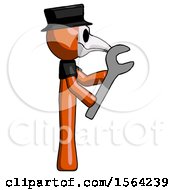 Poster, Art Print Of Orange Plague Doctor Man Using Wrench Adjusting Something To Right